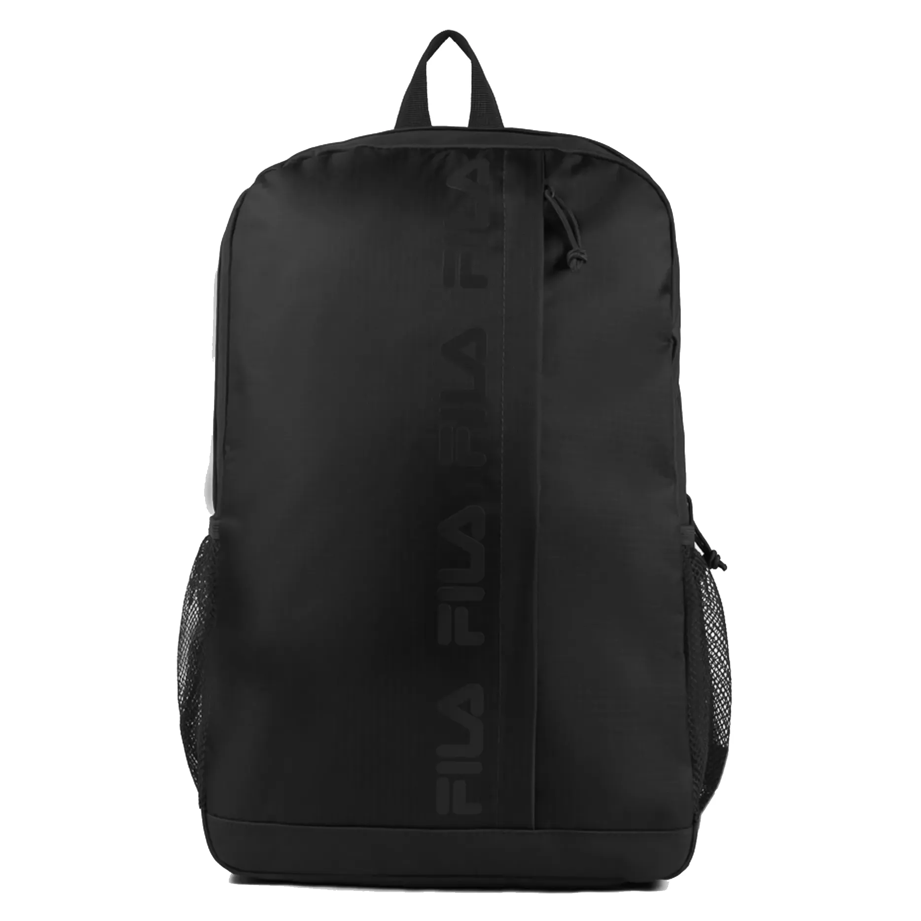 Mochila esportiva FILA preta com logo lateral, compartimento principal com zíper e bolsos laterais